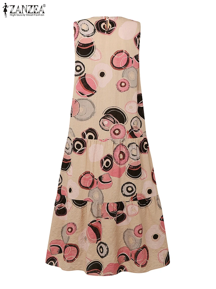 Zanzea algodão linho abstrato círculo impressão a linha vestido mulher verão moda o pescoço sem mangas em camadas roupões casuais midi vestidos