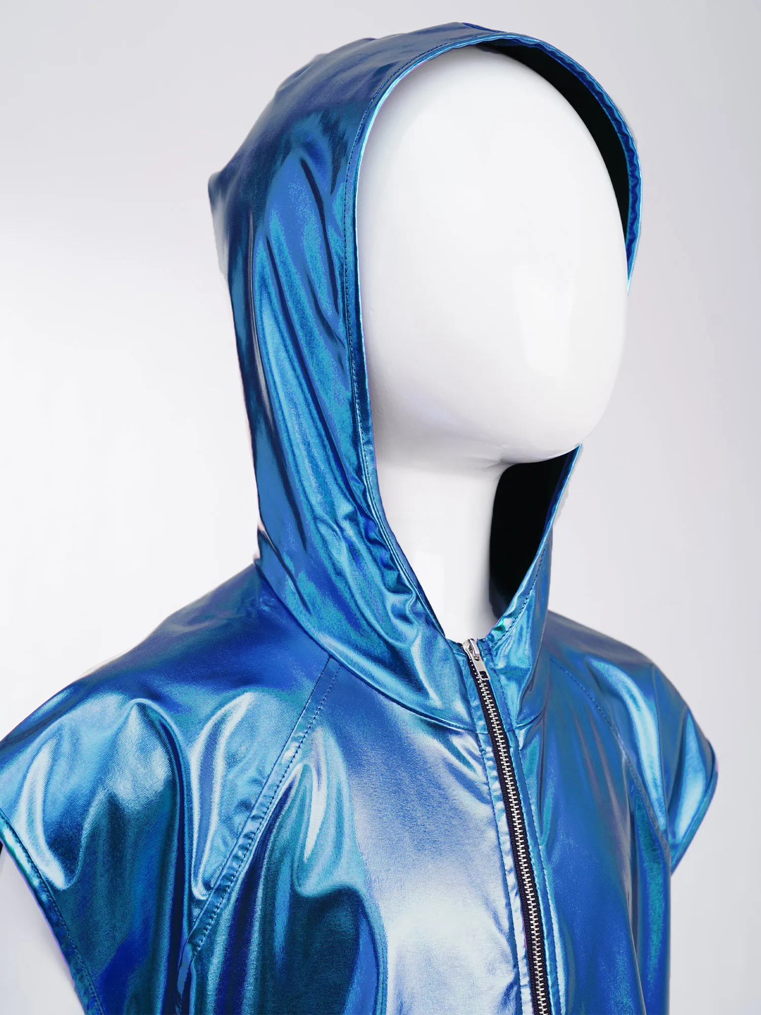

Unisex Kids Metallic Hooded Hip Hop Jazz Dance Top Outfit Sleeveless Zipper Shiny Hoodie Fashion Outwear for Rock Music Festival