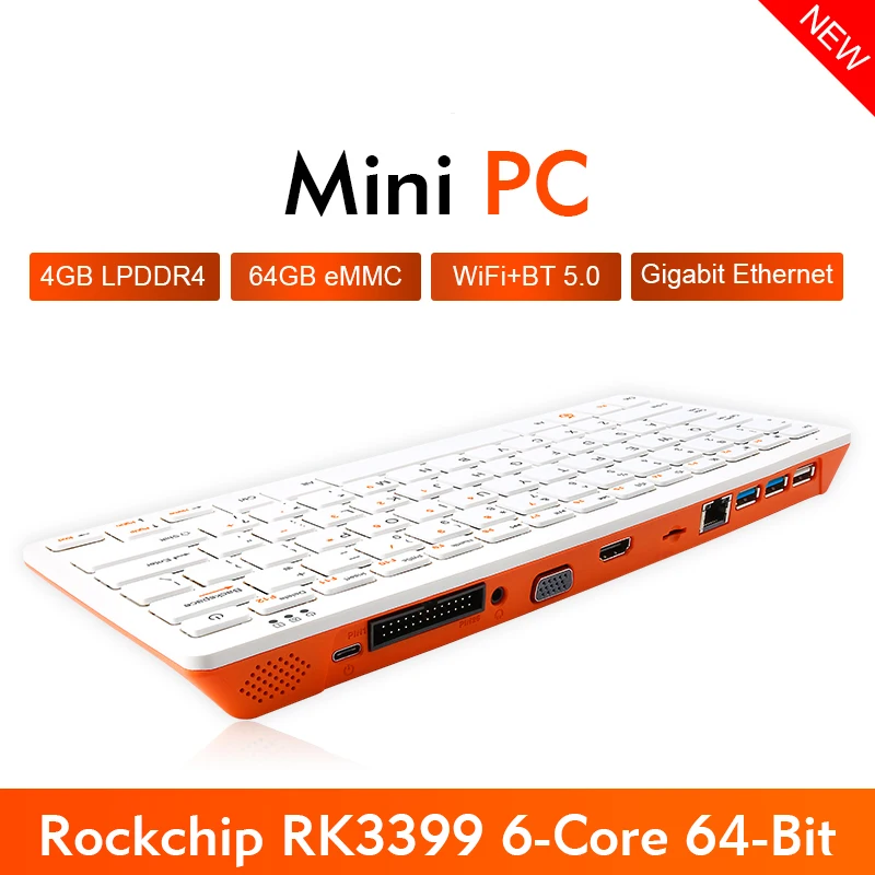 Orange Pi 800 4GB RAM+64GB EMMC Rockchip RK3399 SoC 4K HD Mini PC 64-Bit Dual-Band Wireless Wifi+BT 5.0 Portable Gaming Keyboard