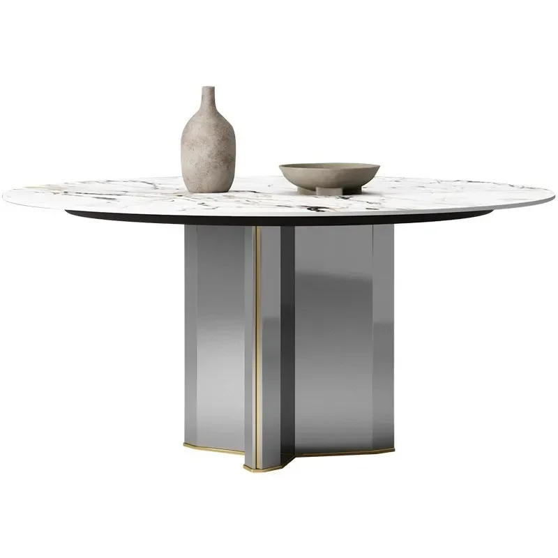 

Italian rock slab round table with turntable 2022 high-grade stainless steel mirror bright Deli Fengyan