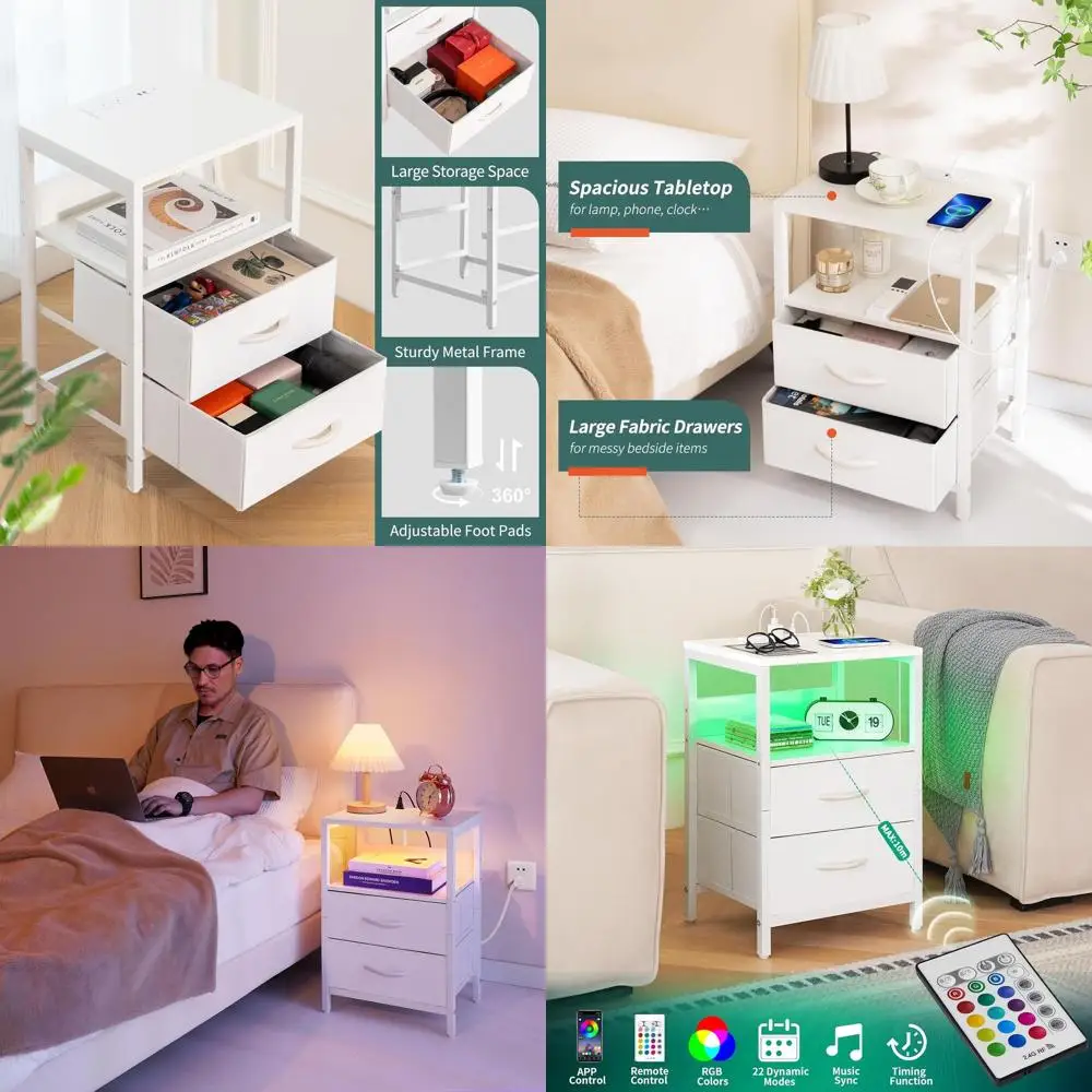

LED Nightstand with Fabric Drawers, Charging Station & Storage for Bedrooms
