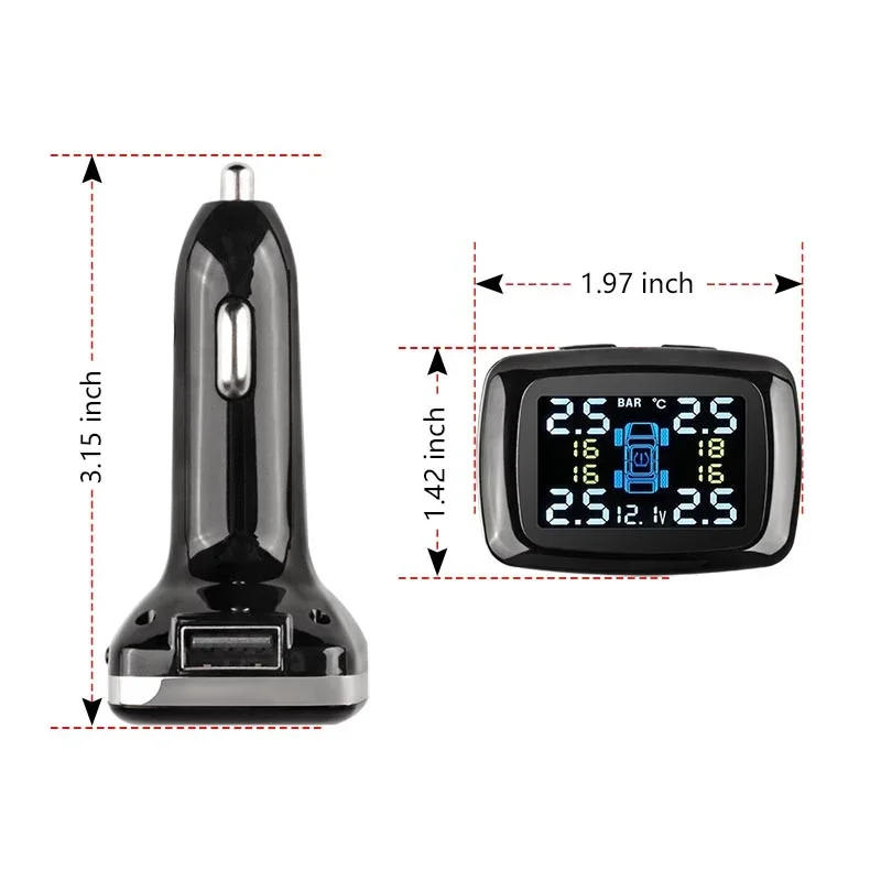 Carro TPMS Tire Pressure Monitor System, cigarro isqueiro Alarme, Display USB, Auto Sensor de Segurança, Decoração Acessórios