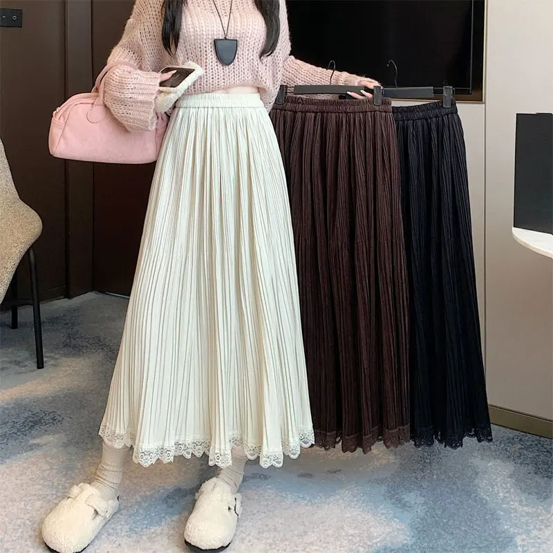 

Gentle Sweet Folds Skirts Autumn Winter Stylish Lace Patchwork Female Clothing Solid Color A-Line Basic High Waist Midi Skirts