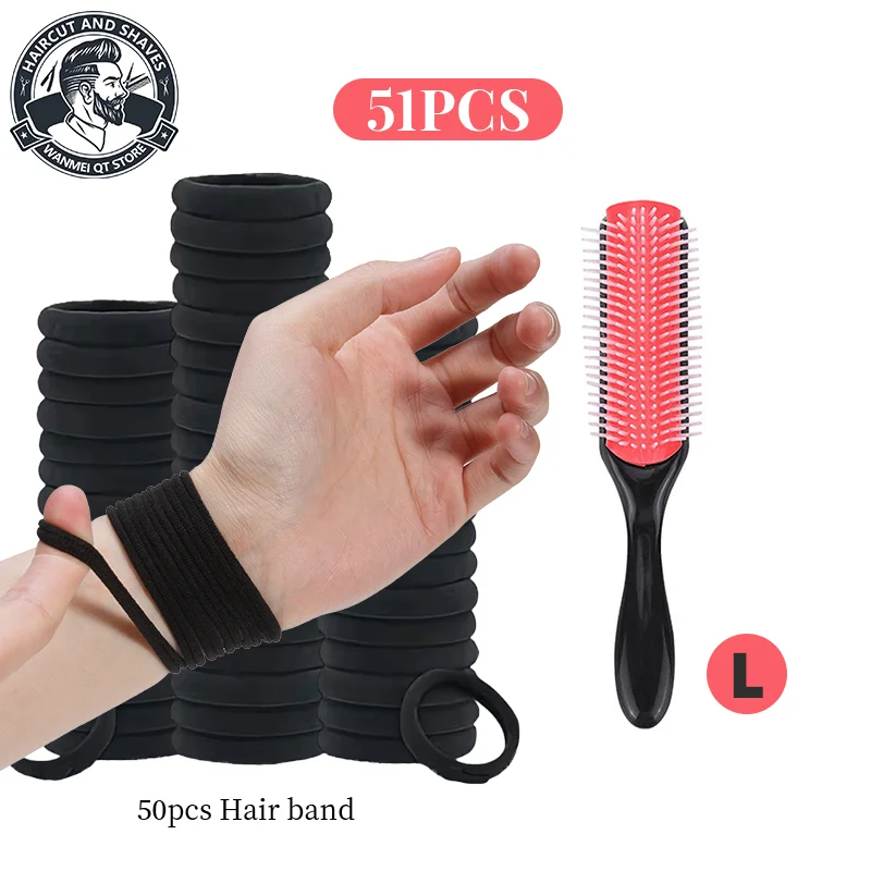 51Pcs Curling Comb Set, 9-Row Detangling Hair Brush & 50Pcs High Ponytail Headbands, Styling Tool for Women Curly Hair Salon Use