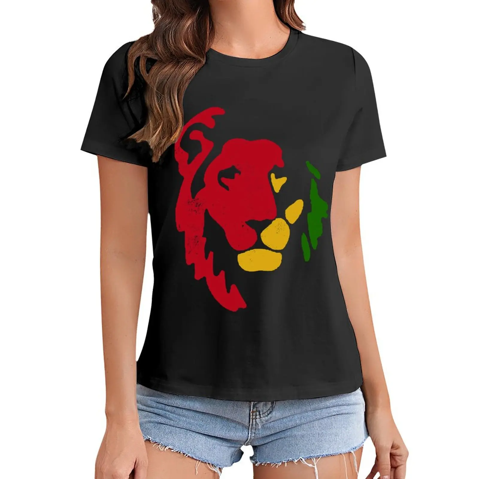

Lion Rasta Reggae T-Shirt Blouse sports fans Short sleeve tee heavyweights Women tops