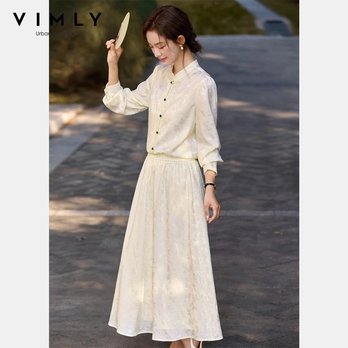 VIMLY Women's New Chinese Two Piece Set 2026 Spring Fashion Butterfly Jacquard Color Block Frog Buttons Casual Skirt Sets A3886