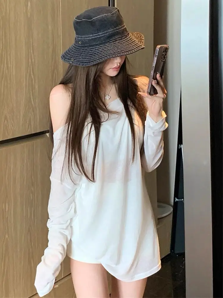 Ladies' Breathable Long Sleeve Ice Silk T-Shirt Pure Color Lazy White Transparent Shoulder Exposure Slimming Meat Covering Su...