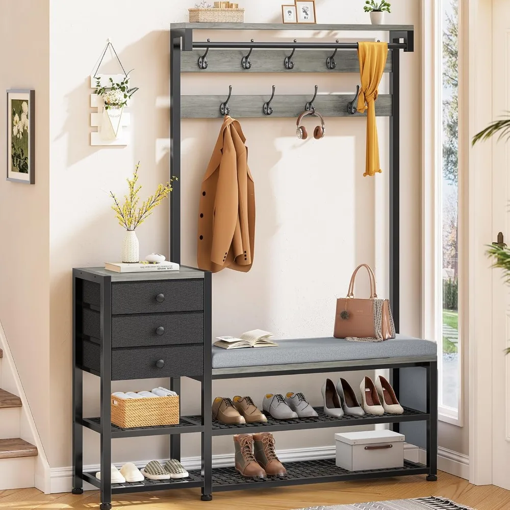 

Coat Rack, Hall Tree with Bench and Shoe Storage, 7-in-1 Entryway Bench with Soft Cushion, Storage Bag, 3 Fabric Drawers