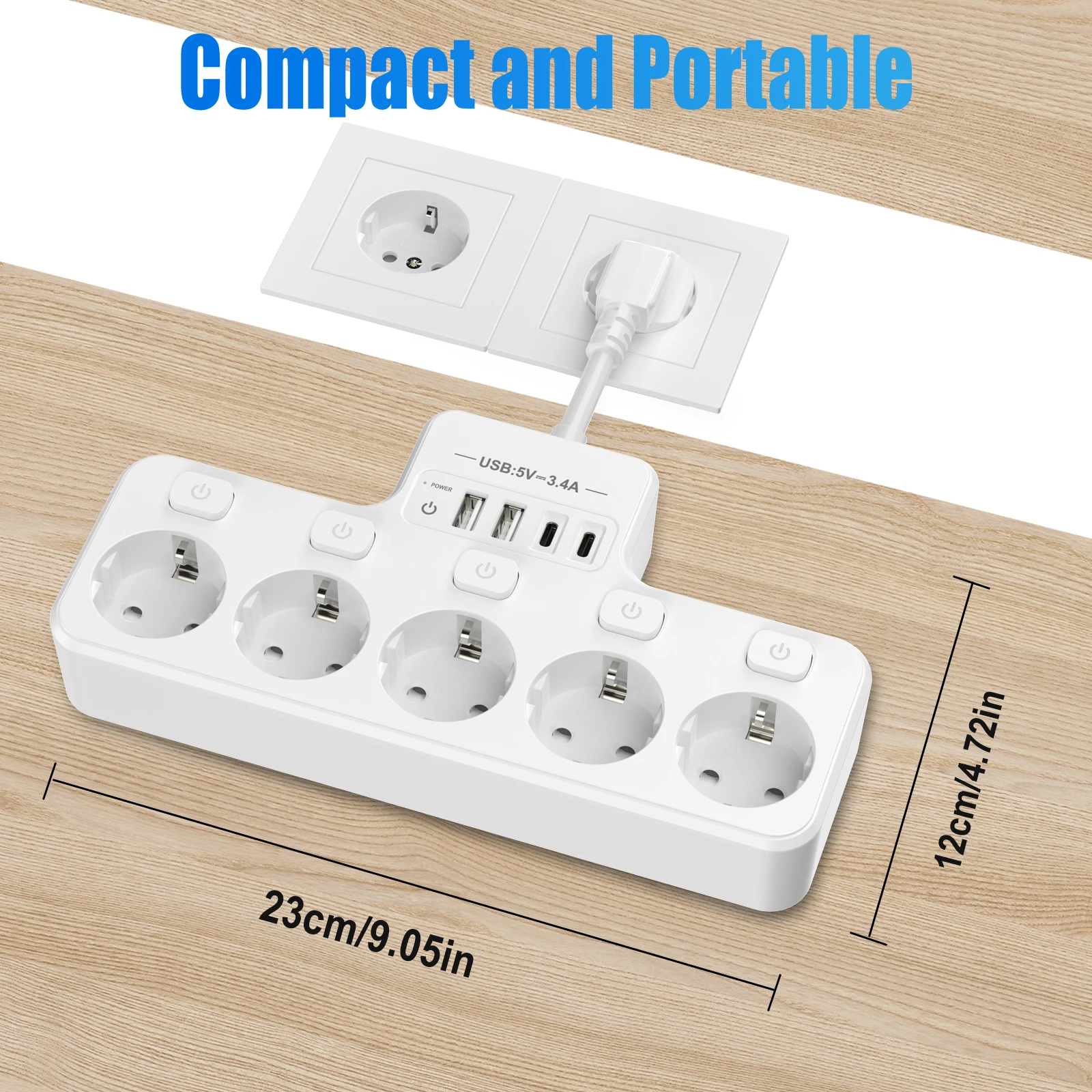 Eu Multi-plug power strip with 2 USB and 2 Type-C charging ports Power adapter Multi-function wall power socket 16A 4000W white image 3