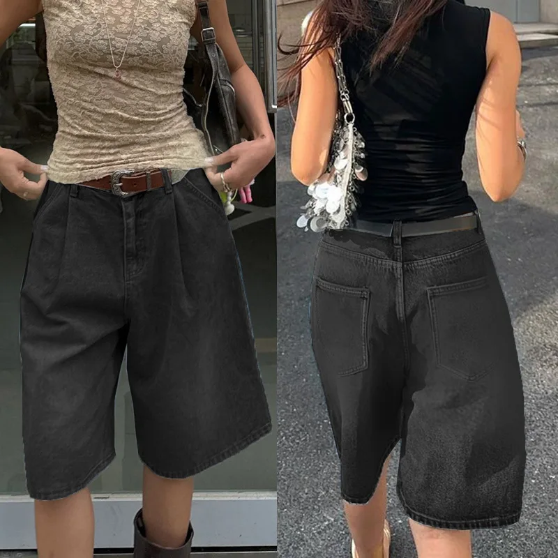 

Denim Jeans Women Solid Jean Pocket Knee Length Zipper Fly Mid Waist Wide Leg Pants Loose Fit Casual Streetwear 2025 Summer