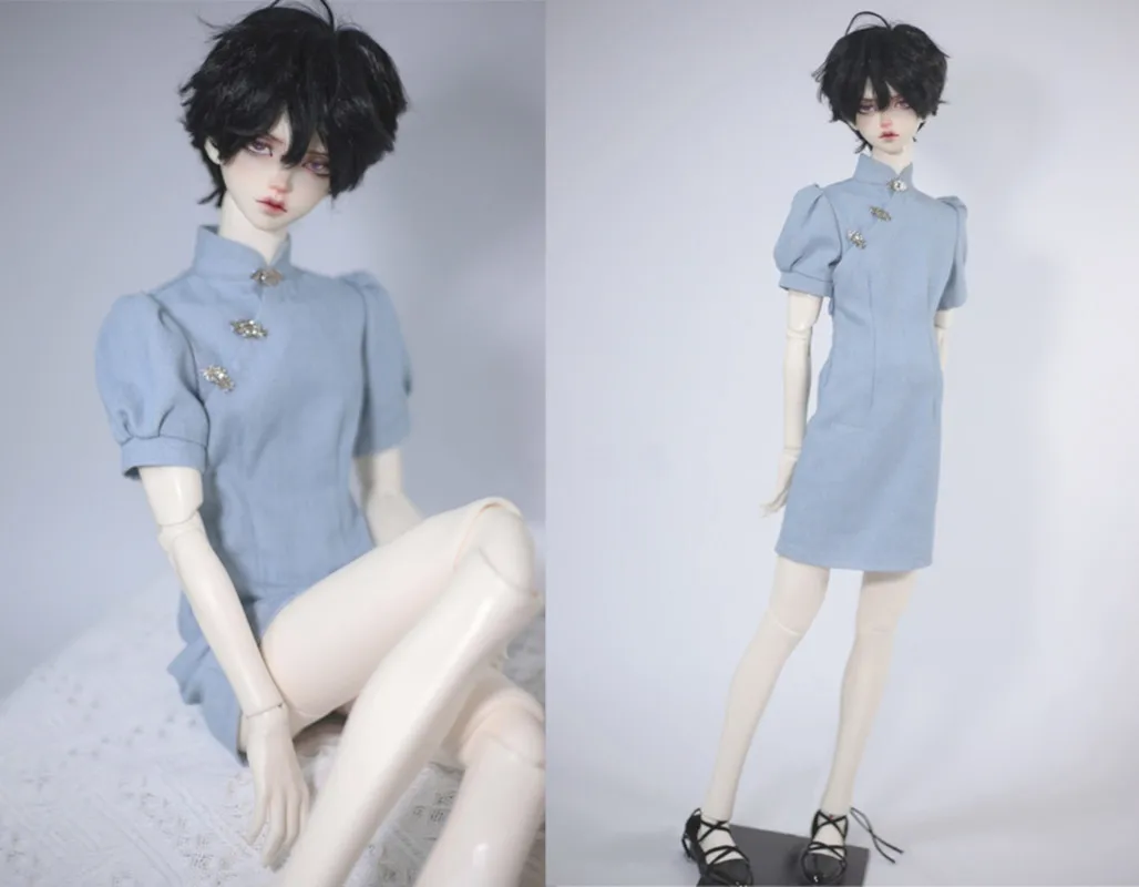 

BJD doll clothes suitable for 1/3 1/4 Uncle size light blue denim puff sleeves improved cheongsam doll accessories