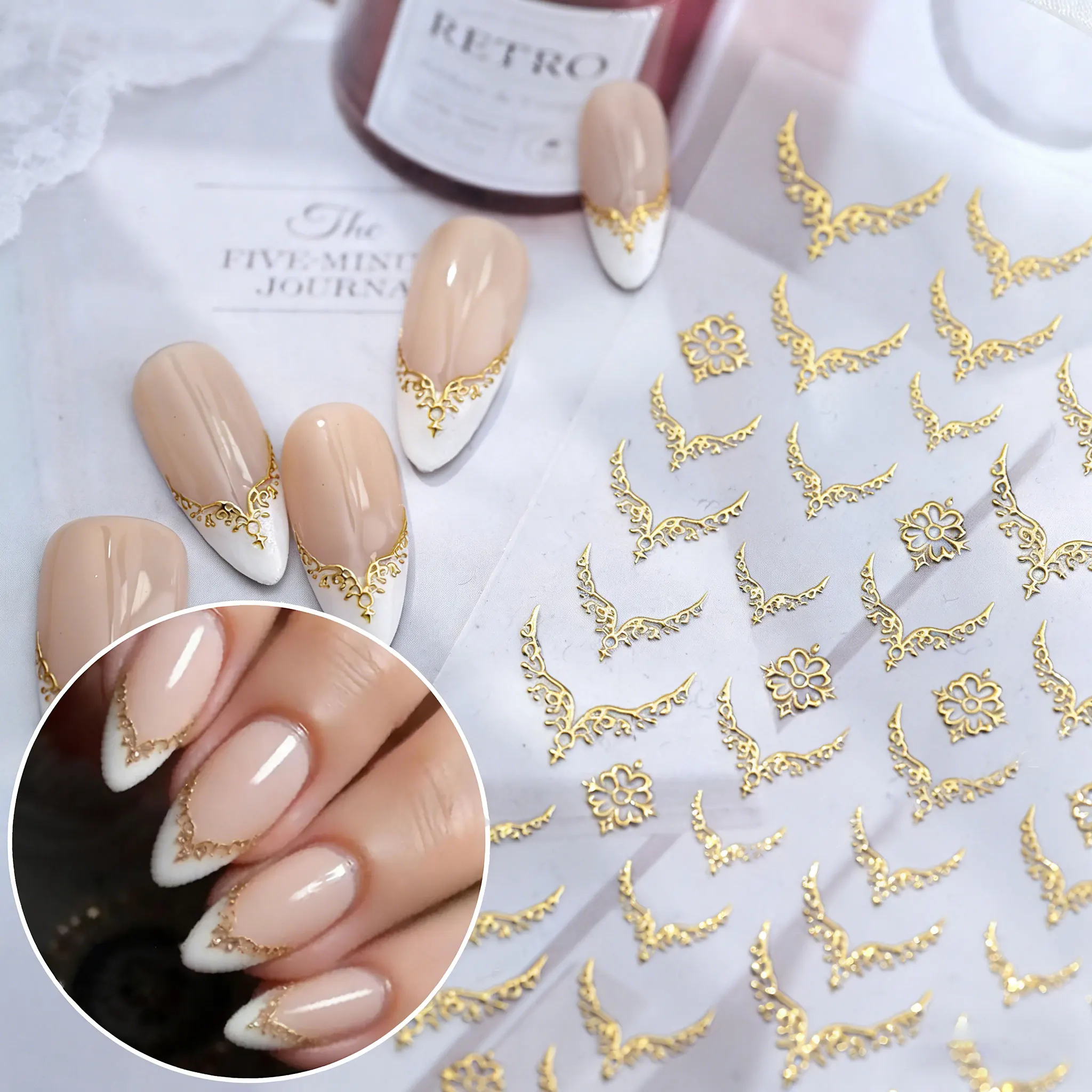 ملصقات أظافر فرنسية معدنية لامعة بتصميم عتيق، نمط منقوش بالختم الساخن، ملصقات أظافر ذاتية اللصق للزينة، إكسسوارات مانيكير