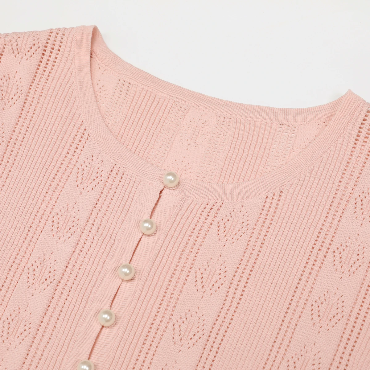 26131 High Version Summer New Versatile Elastic Knitted Pearl Button Short Sleeved Top Cardigan+slim Half Skirt Women's Set