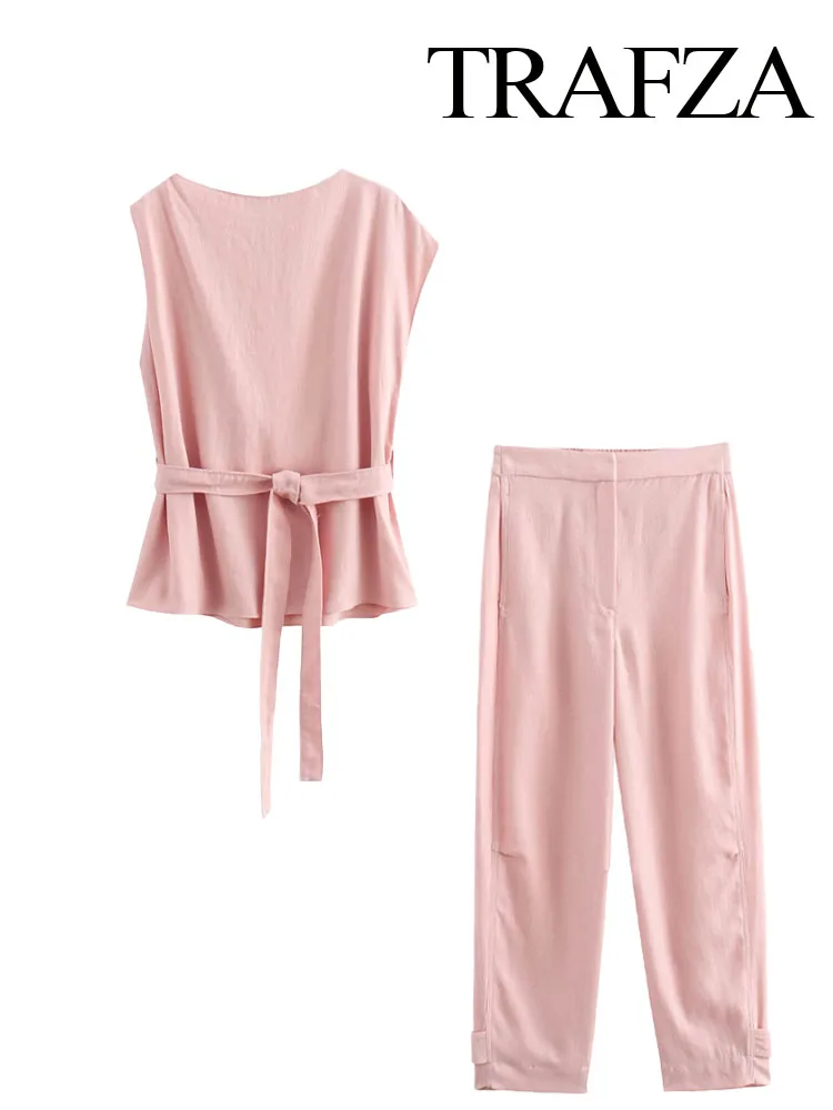 

TRAFZA Female Summer Sets Pink O-Neck Sleeveless Belt Asymmetrical Tops+Mid-Waist Pocket Zipper Long Pants Women Fashion Suit