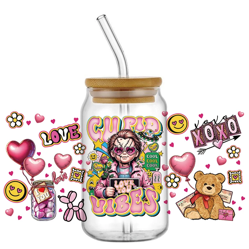 

Miniso Love Pattern With Killer Printed 16oz Glass Cup Wrap Stickers Horror movie UV DTF Transfer Sticker
