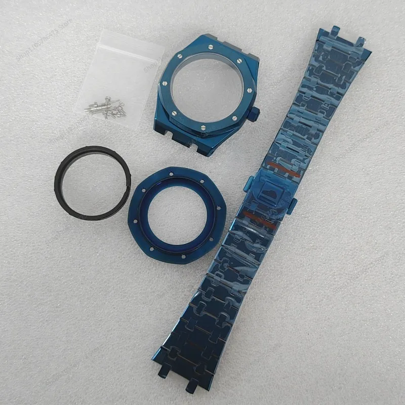 FOR 41Mm case accessories complete set of PVD plated blue Sapphire stainless steel strap for NH35/36 movement