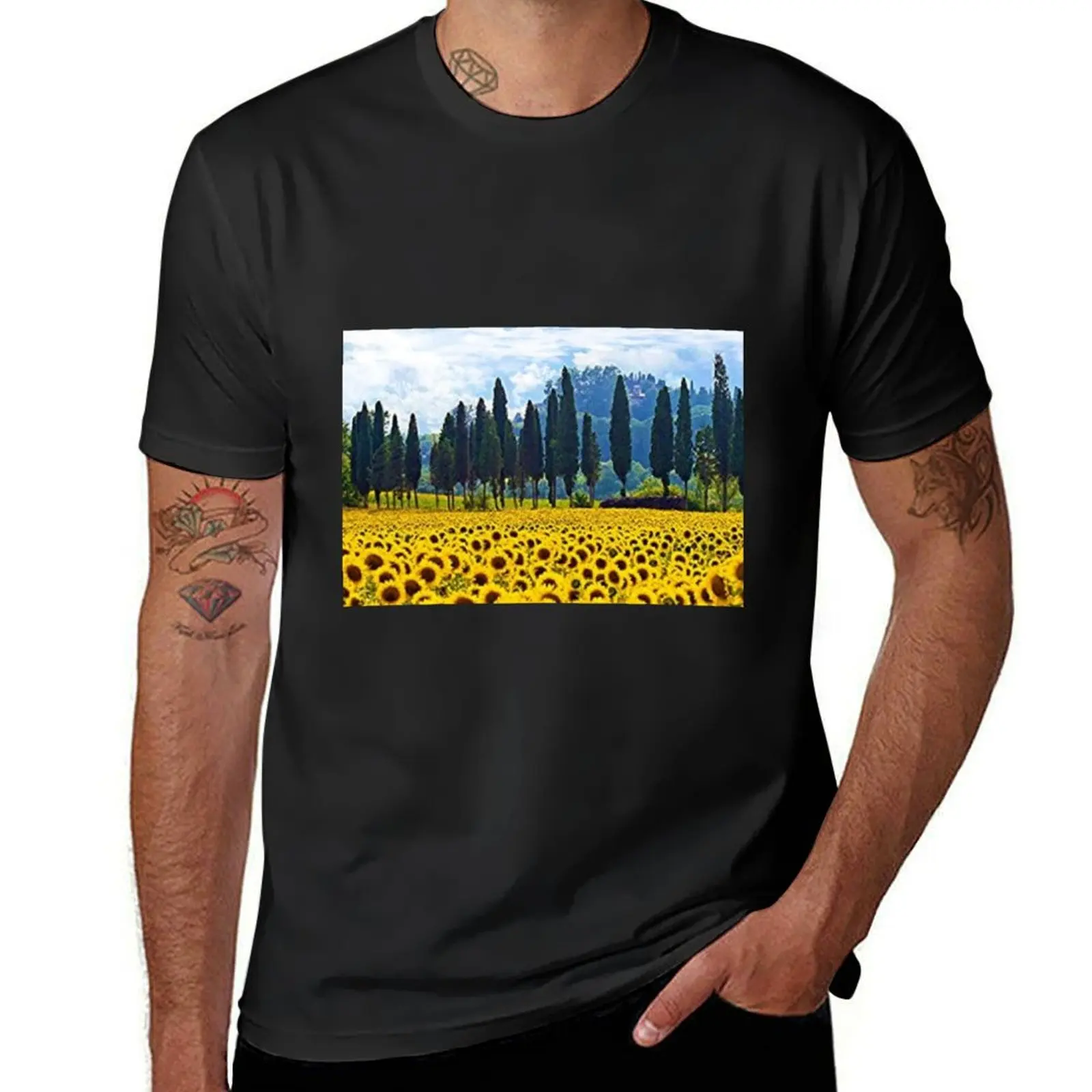 Sunflower field series #20–Sunflower field Italian countryside with stone pines - by Jéanpaul Ferro T-Shirt