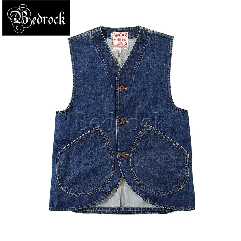 

MBBCAR 14oz Original Design High Street Selvedge Denim Vest For Men Vintage V-neck Hunting Vest One Wash Jean Blue Vest 3121