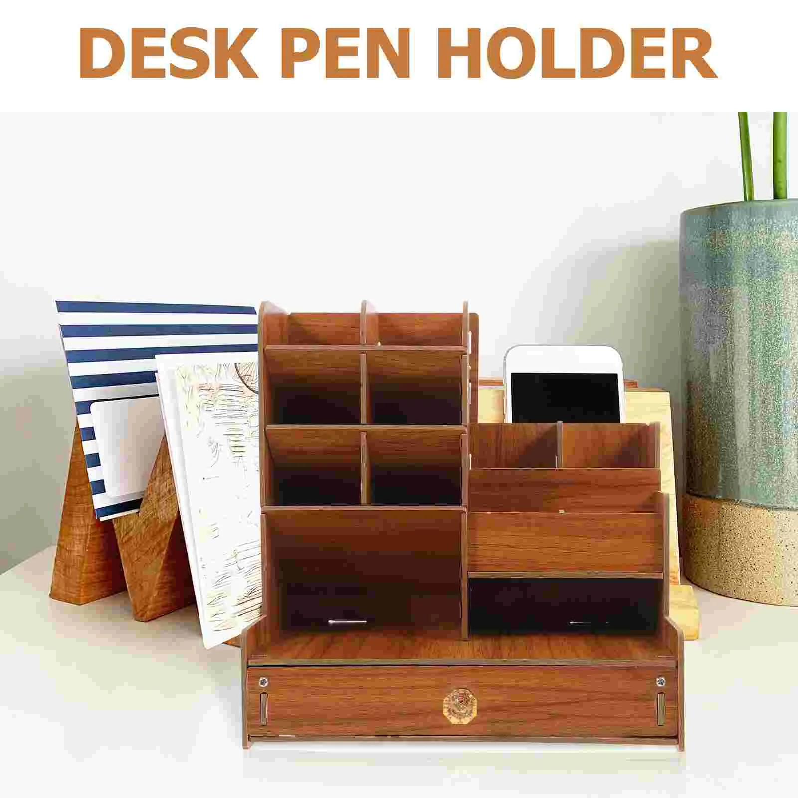 โต๊ะกล่องเก็บช่องปากกาสําหรับลิ้นชักกล่อง Penholder Home Desktop Rack ไม้เคาน์เตอร์ Office