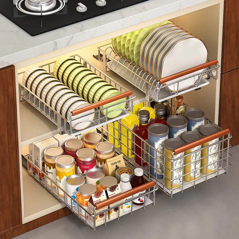 

New Pull-Out Drainable Dish Rack Kitchen Cabinet Storage Organizer Wood Material Desktop Installation Multi-Purpose Bowl Plat...