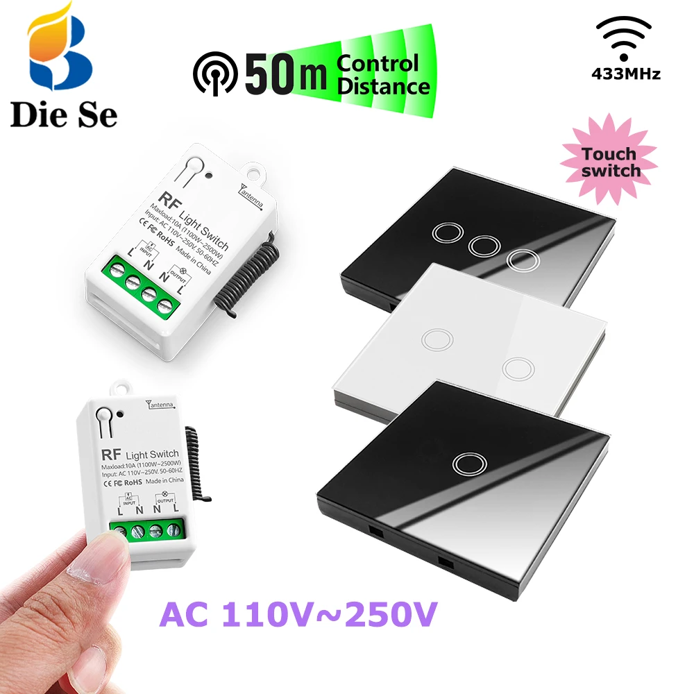 Diese 86 Wireless Touch Light Switch 433MHz Remote Transmitter, AC 110V~250V 10A Relay Receiver Interruptor for Home Improvement