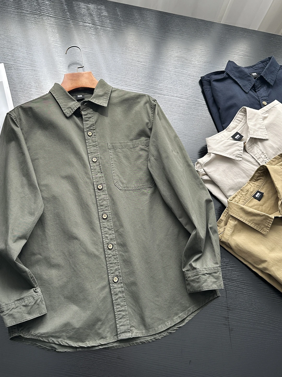 

American Style Hard Core Pure Cotton Shirt Men's Simple Turn-down Collar Single Pocket Long Sleeve Cotton Blend Spring Autumn