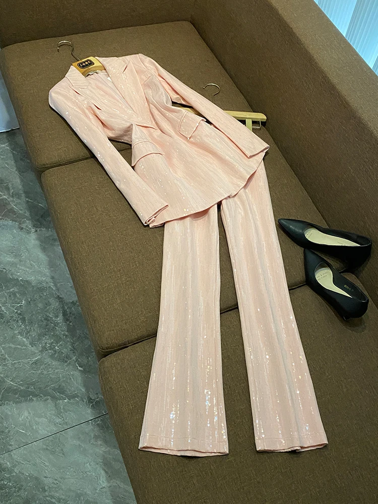 

Розовый костюм с высокой талией и блестками, комплект из джерси и брюк, женская верхняя одежда премиум-класса, ансамбль китайского производителя