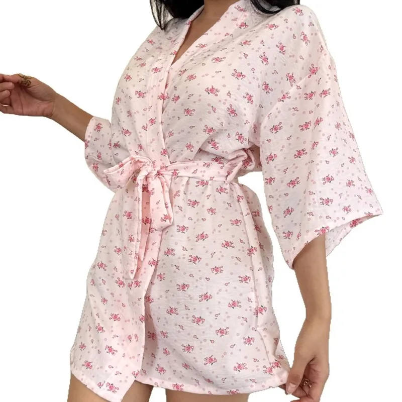 Cloud Cotton Printed Seersucker Kimono Spring and Autumn Nightgown European and American Loungewear Women's Pajamas Sleepwear