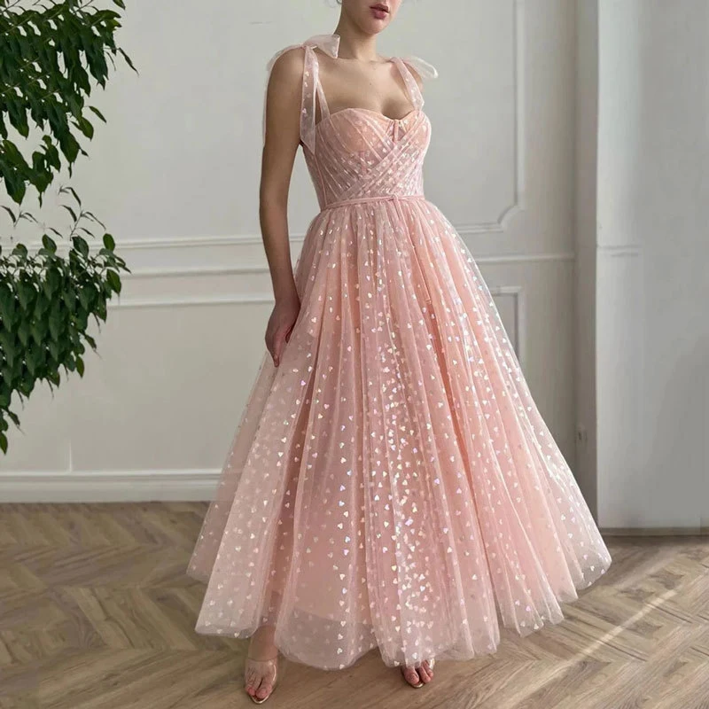 

Girls Pink Sparkling Tulle Short Prom Dresses Heart Stars Corset Boning Straps Tea Length Evening Party Special Occasion Gown