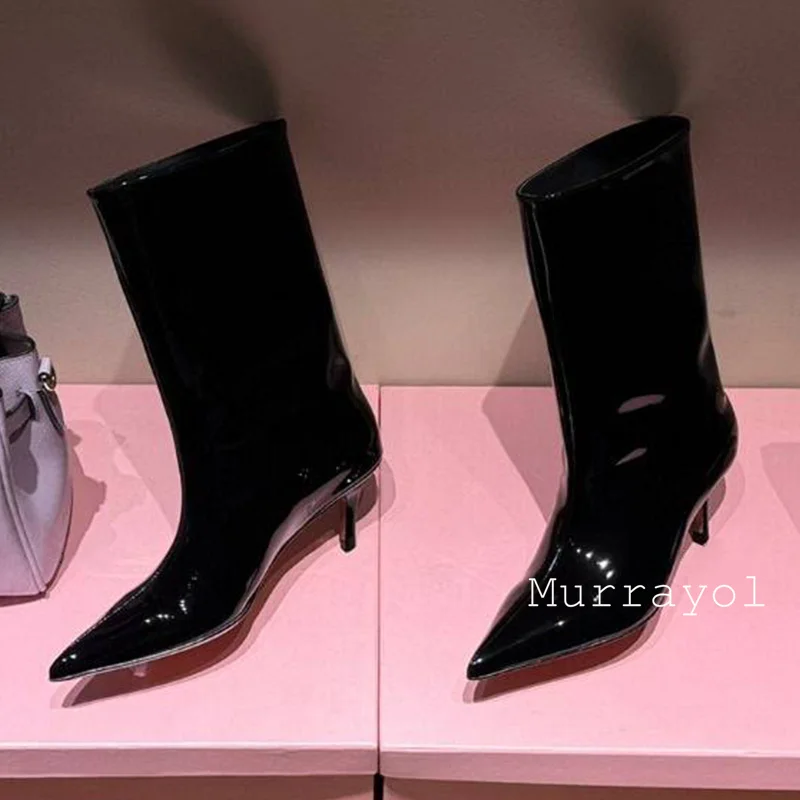 2025 New Pointed Toe Kitten Heels Short Boots Women Genuine Leather Sexy Mid-Calf Botas Spring Autumn Fashion Modern Boots