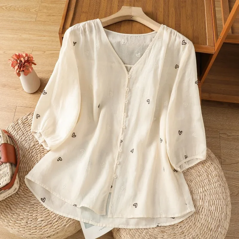 

Женская блузка в китайском стиле с вышивкой, винтажные рубашки, модная свободная летняя одежда, хлопковые льняные женские топы с короткими рукавами
