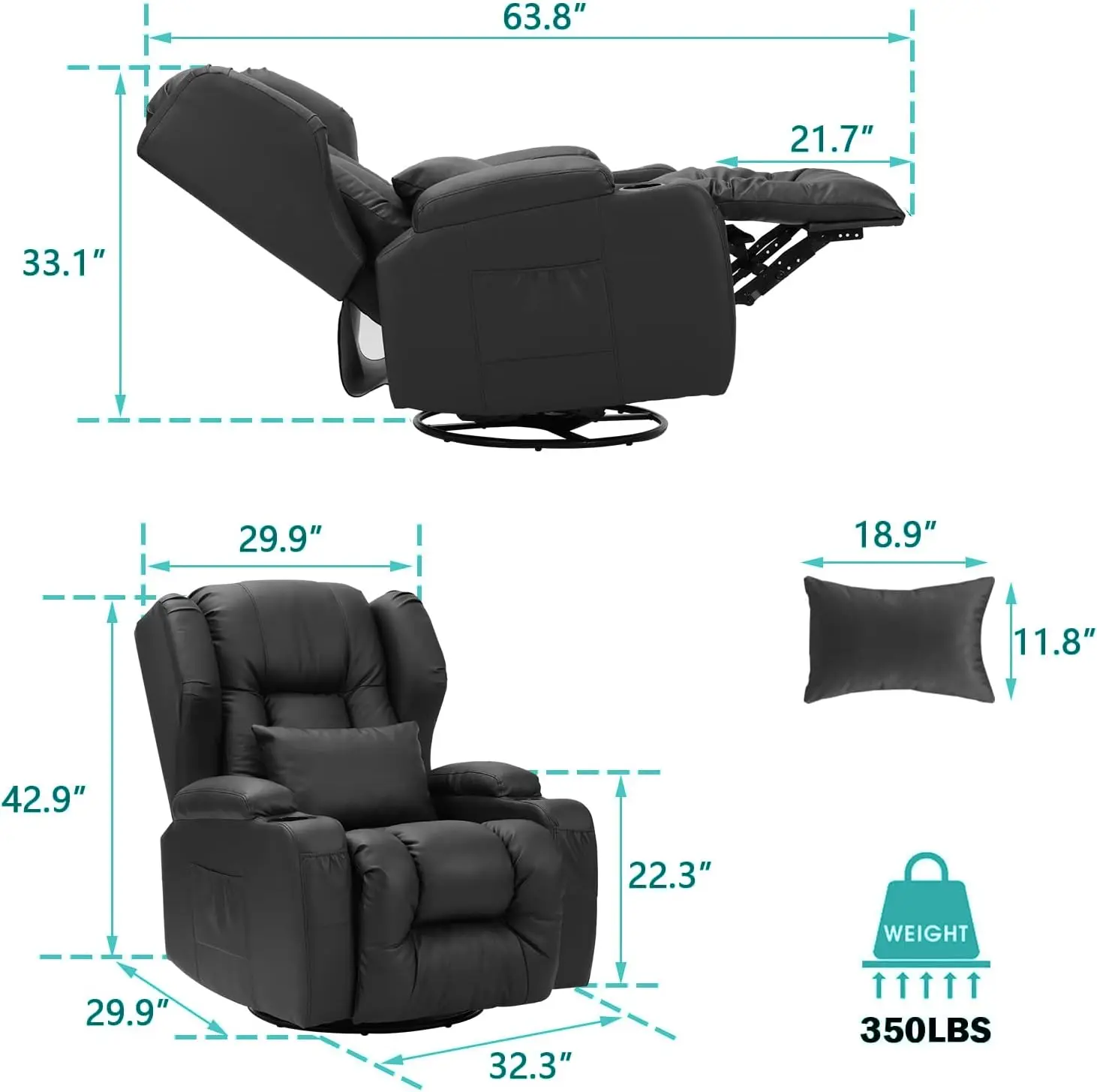 Swivel Rocker Recliner Chairs- Faux Leather Manual Recliner Chair, 360 Degree Swivel Nursery Rocking Chair Glider