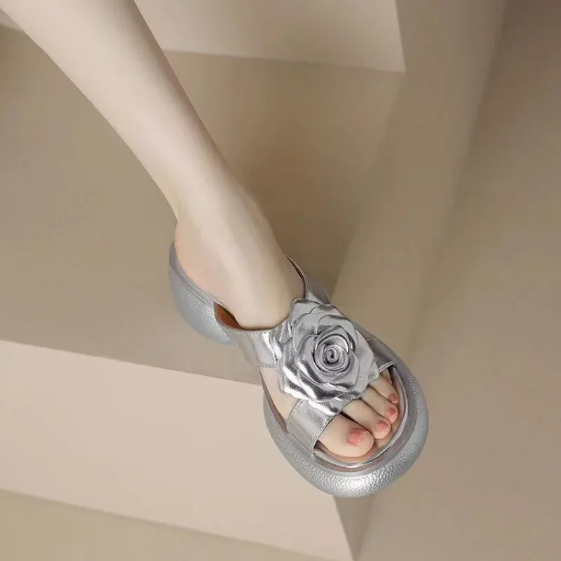 

Summer Mid Heel Open Toe Solid Color Flower Women's Slippers 2024 Fashion Dress with Hanging Straps Women's Slippers Sandals