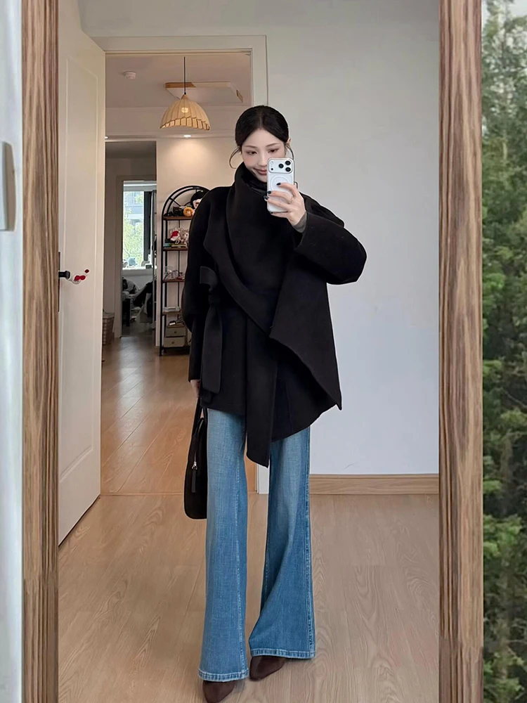 

ort Шарф с застежкой на талии, пальто с запахом, шерстяное женское зимнее пальто, простое пальто с высокой талией, длинное све