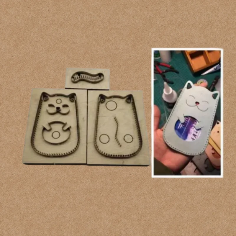 Cartoon Kitten Card Holder Cutting Die, High Hardness Steel Wooden Mold for Leather Craft