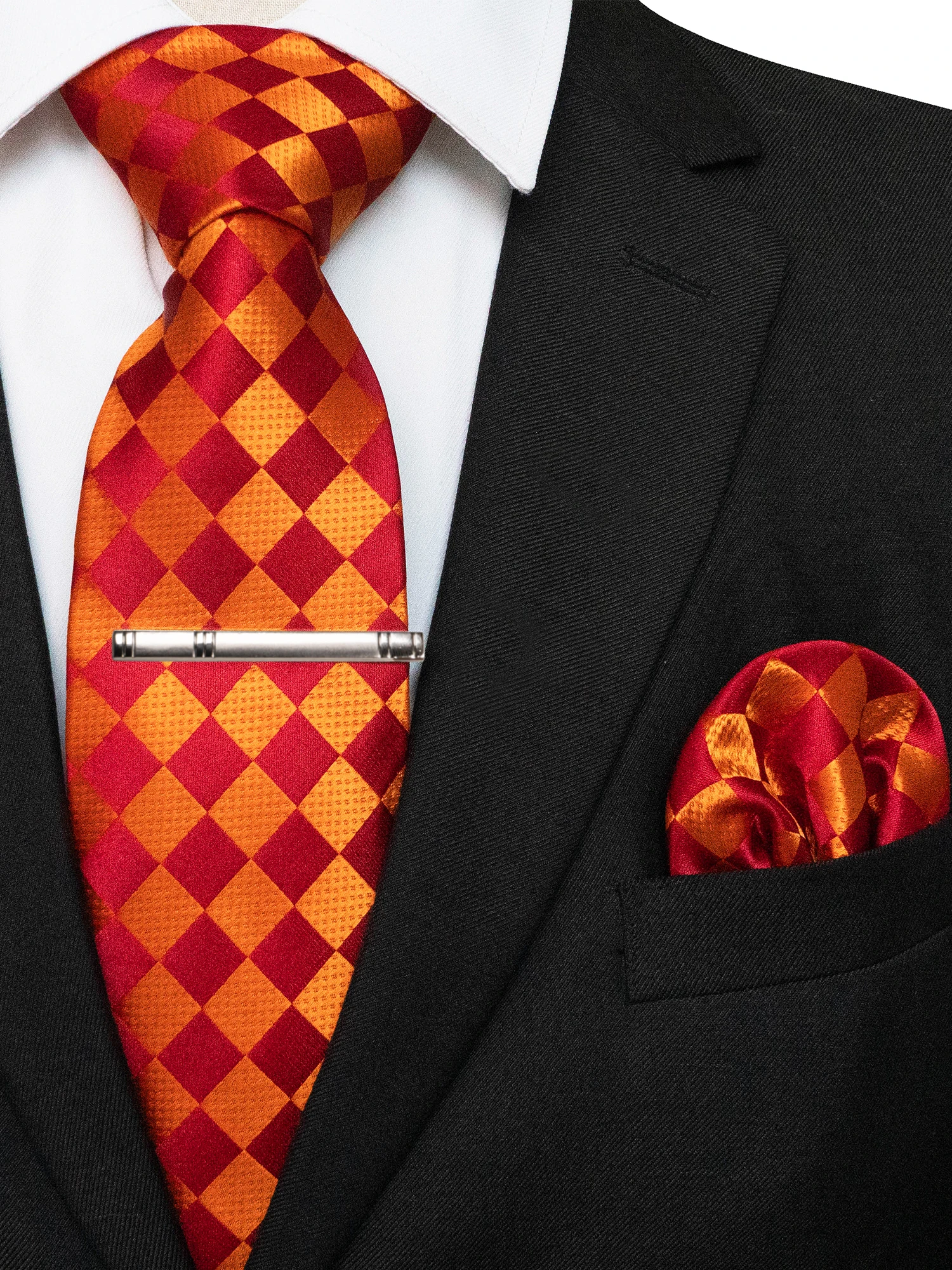 KAMBERFT Klassische Herrenkrawatte mit Krawattenklammer und Einstecktuch, 3-teiliges Set für Büro, Hochzeit, Party – Detail 6