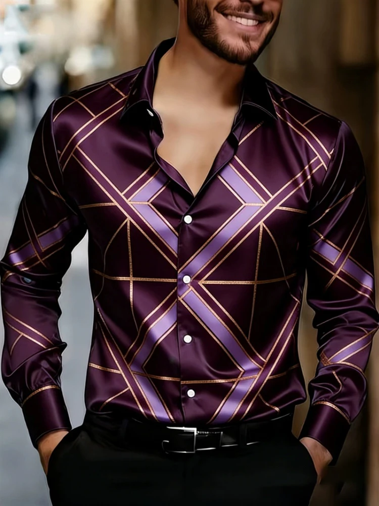 Men's silky satin geometric diamond print long sleeved shirt, light luxury banquet party lapel business casual shirt