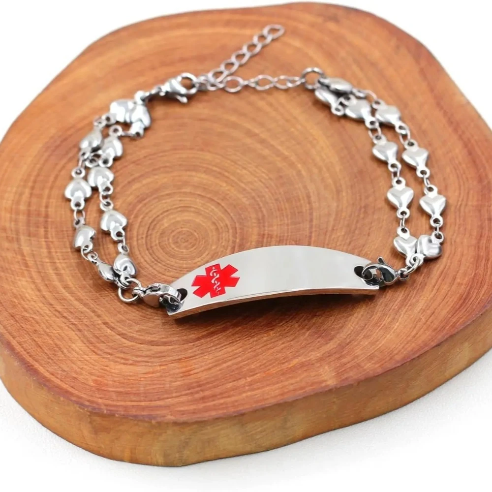 

Personalized Medical Customized ID Bracelet Stainless Steel Adjustable Heart Shaped Chain Emergency Medical Alarm Bracelets