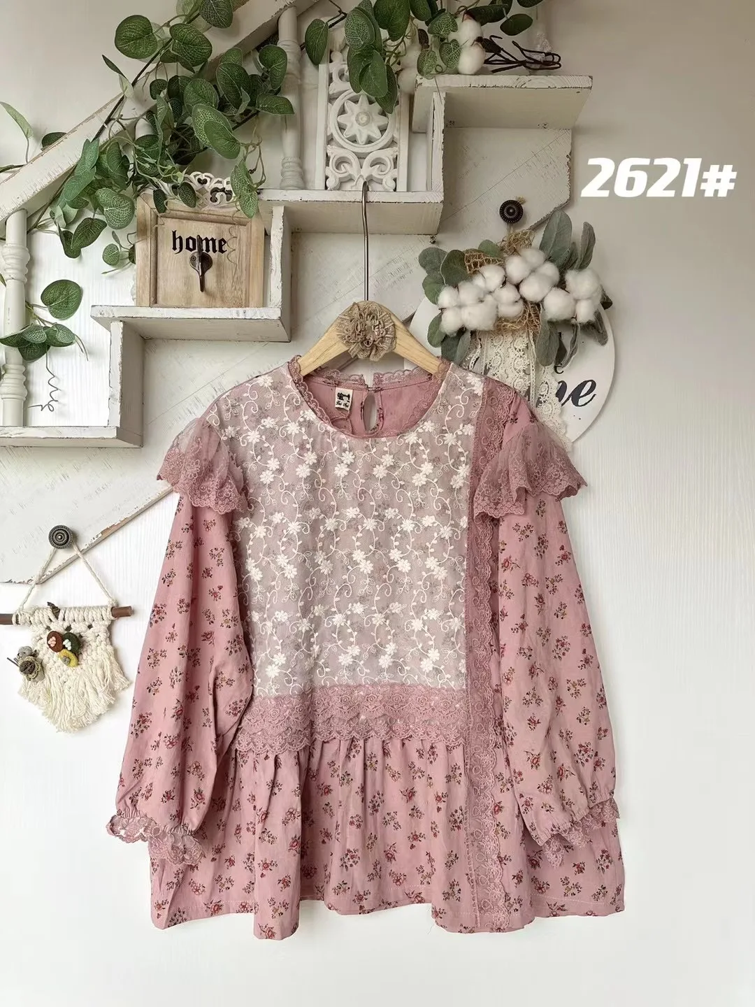 Blusa Holgada de Algodón con Encaje Floral y Parches, Estilo Coreano, para Primavera/Verano