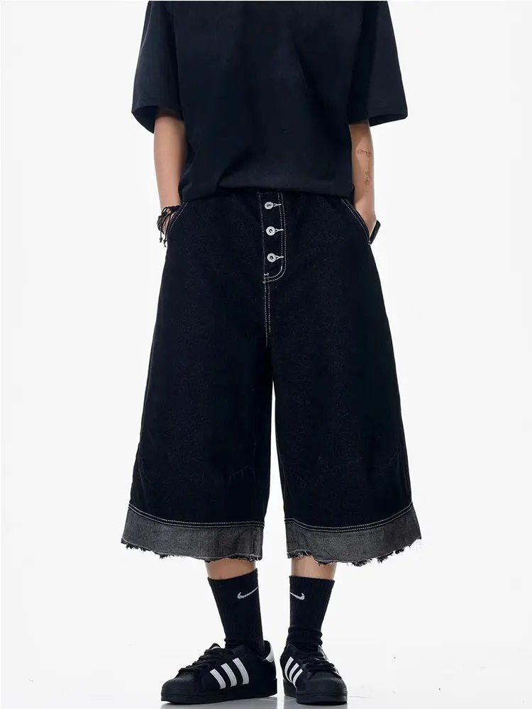 

Washed American High Street Deconstructed Wide Leg Short Jeans Women's Loose Fit Seven Tenths Pants Premium Cross-Border