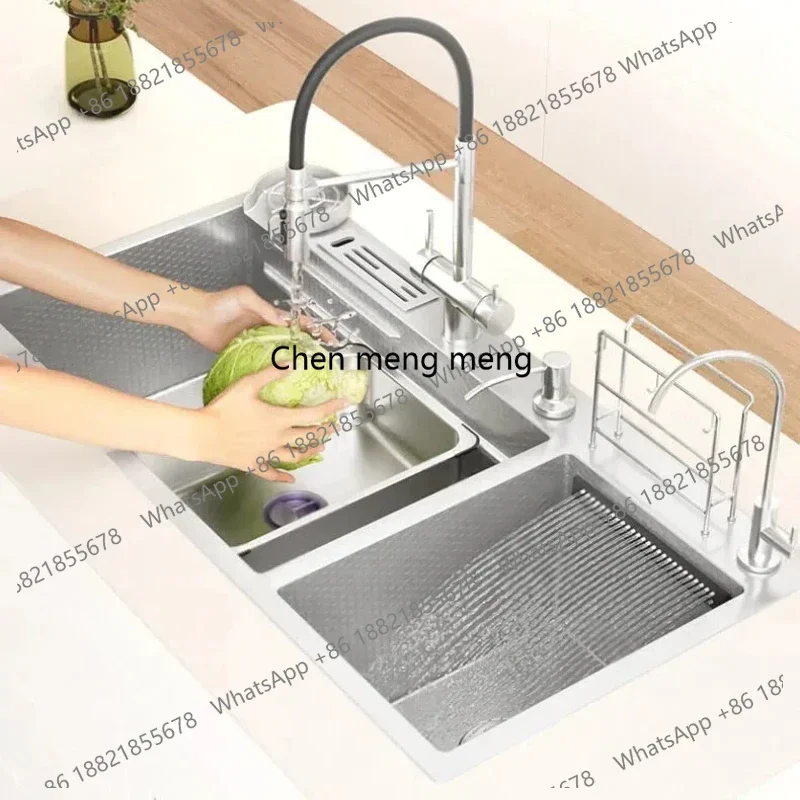 A139 Silver 304 Stainless Steel Kitchen Sink Divided Cleaning Compartments Large Double Slot Household Waterfall Wash Vegetable