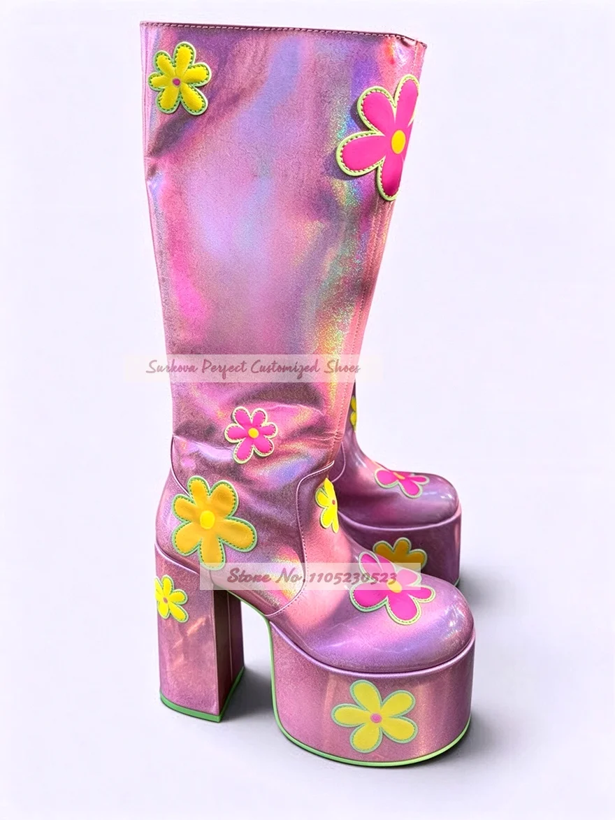 Pink Holographic Platform Chunky Heel Knee High Boots Cute Floral Applique Block Heel Y2K Rave Party Boots Side Zipper