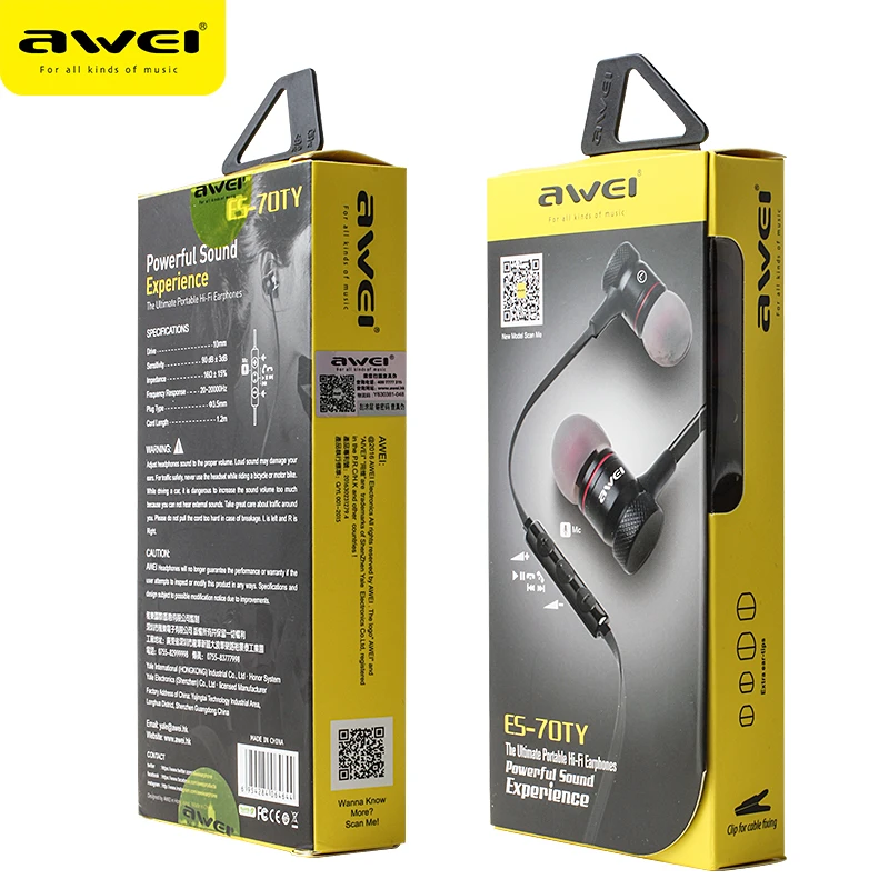 Awei ES-70TY Wired Earphones 3.5mm With Mic HiFi Stereo Sports Headset Game Music Headphones For iphone Samsung In Ear Earbuds