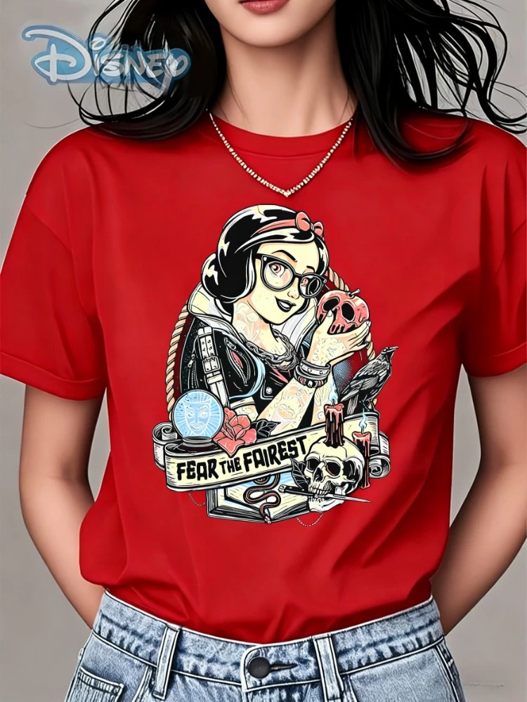 ديزني 2026 جديد ديزني ديابلو سنو وايت شخصية موضة طباعة المرأة تي شيرت سهل الموضة حجم كبير كم قصير