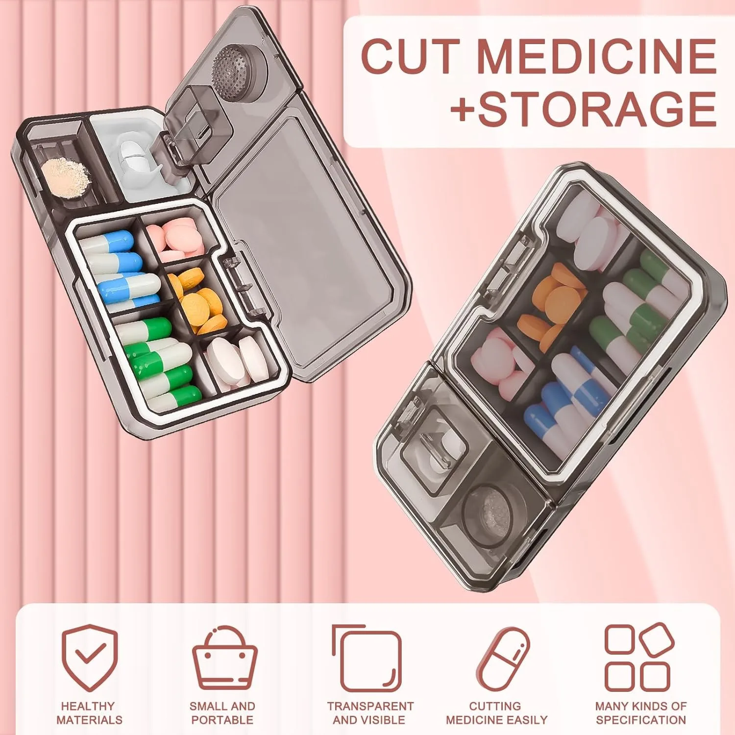 3 in 1 Pill Organizer Pill Box with Medicine Cutter and Grinder Portable Travel Daily Pill Case Organizer for Medicine Container