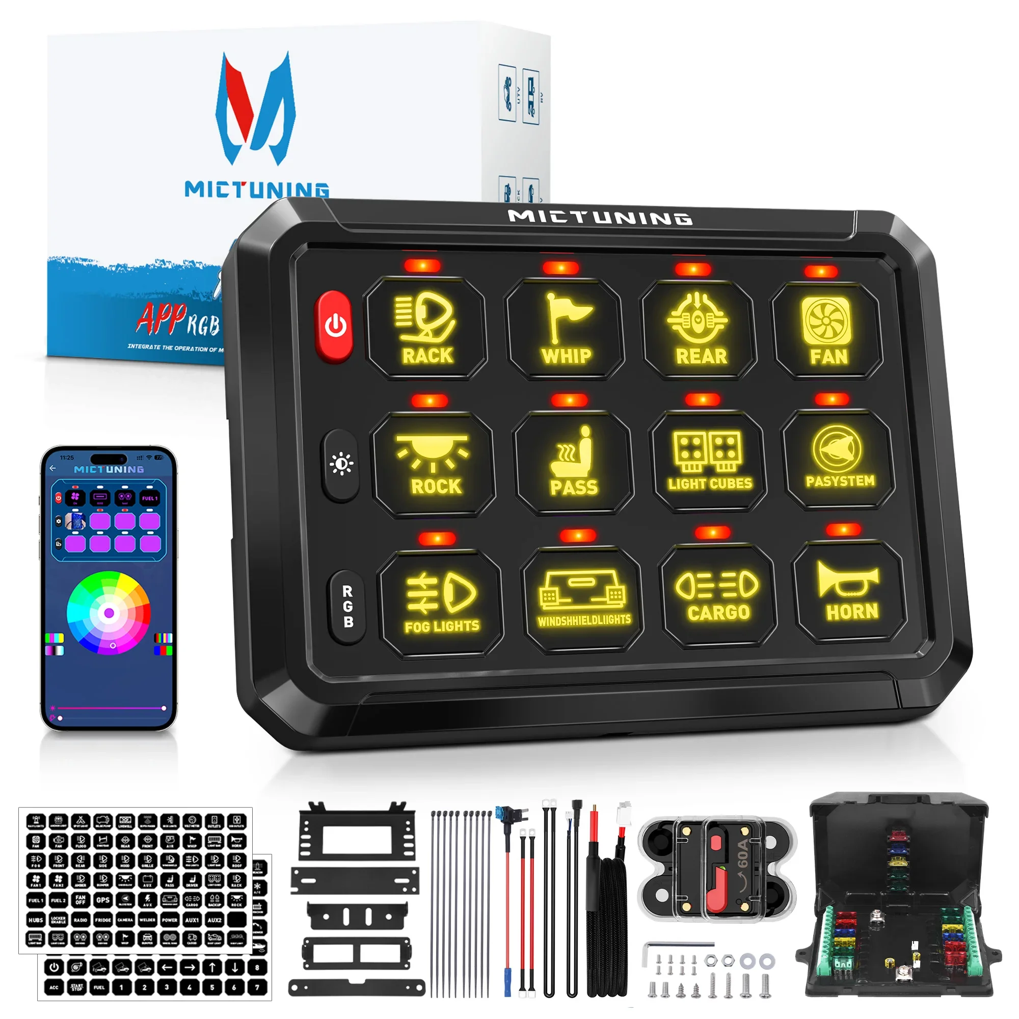 MICTUNING 12 Gang APP Switch Panel for for All Vehicle 12V 24V Control Box Switch Panel for Off Road Car Boat