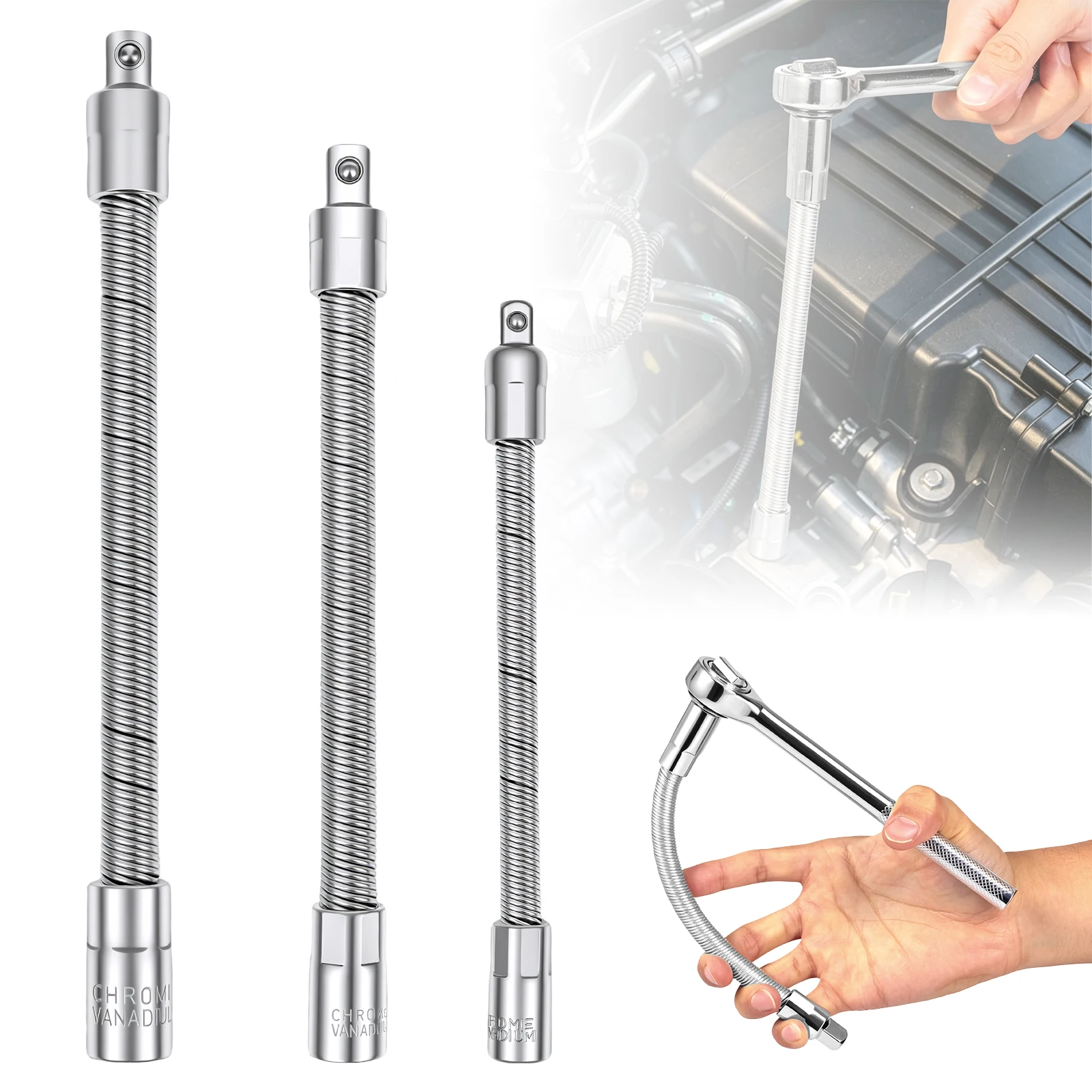 3Pcs Flexible Socket Extension Set High Torque Strength 3Drive Size Assortment Chrome Vanadium Iron Socket Extension Repair Tool