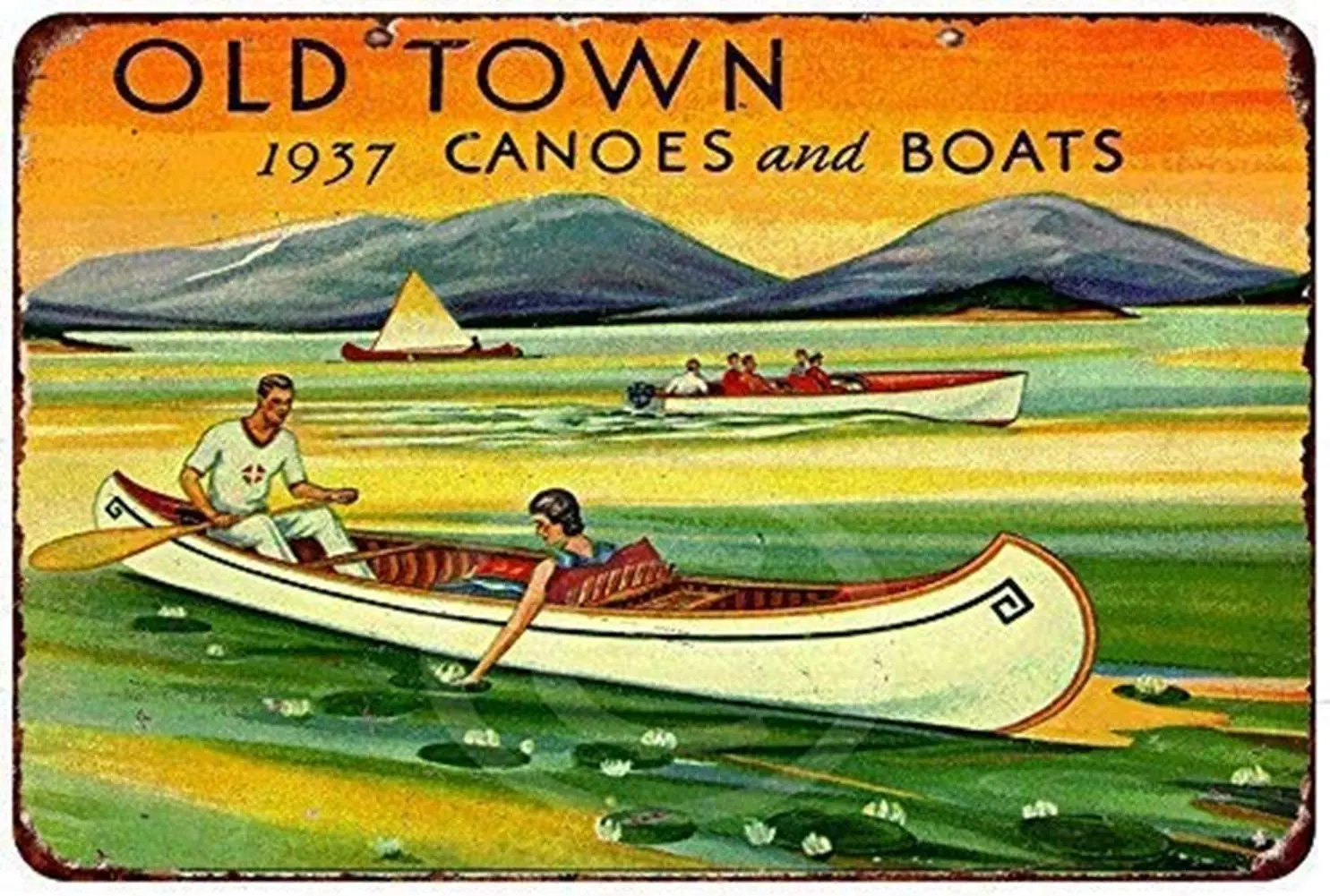 1937 old city canoe and vintage boat metal sign board tin Poster Wall Art Deco ragged elegant gift sign sign