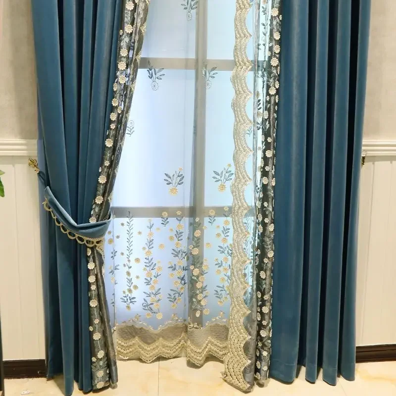 New French Light Luxury Blue-gray Embroidered Window Screen Spliced Velvet Curtains Custom Windows for Living Room and Bedroom