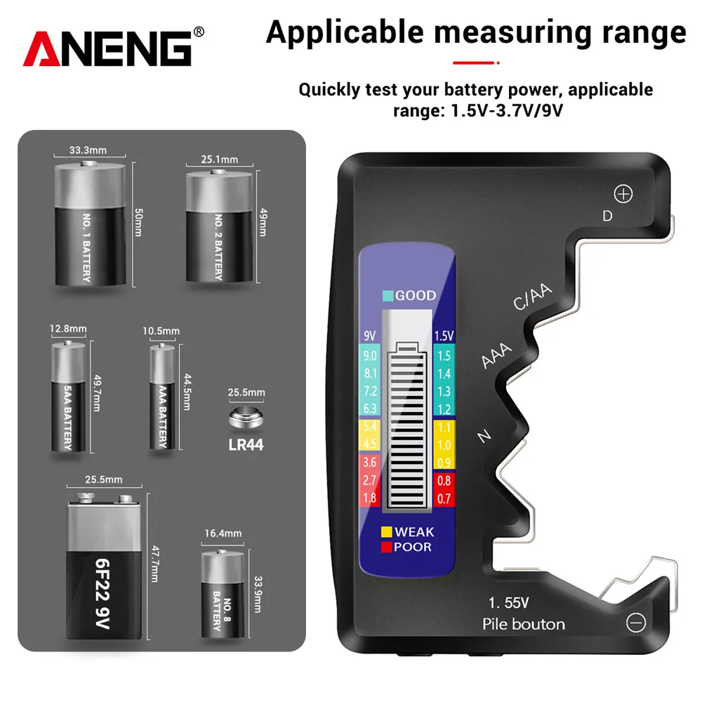 ANENG LCD Display C  AA AAA D N 9V 1.55V Universal Button Cell Battery Tester Volt Capacity Check Detector Capacitance Tool